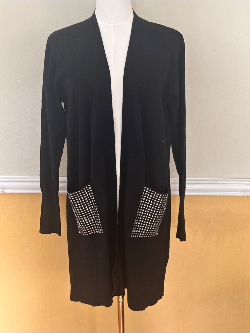 Milano Black Long Open-Front Cardigan with Studded Pockets